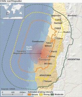 Gehavende delen van het land na de aardbeving op 27 februari.